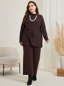 Mulvari 加大插肩袖同款系带毛衣和针织裤（无项链）2 件套 - 棕色 - 查看 6