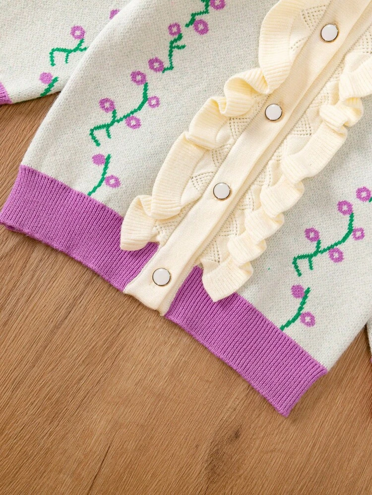 Baby Girl Floral Pattern Ruffle Trim Cardigan