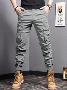 Manfinity Homme Men's Cargo Pants With Side Pockets And Elastic Cuffs, For Fall - Light Grey - View 4