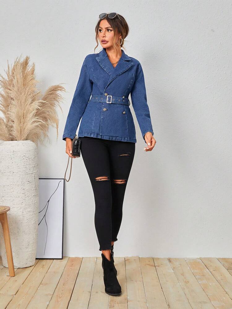 Belted Slim Fit Turn-down Collar Denim Jacket