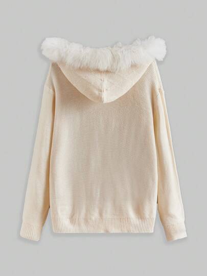 Kawaii Cárdigan Con Capucha Y Decoración De Pompones En Talla Grande