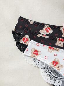 SHEIN 女款卡通印花可愛熊蝴蝶結裝飾三角內褲