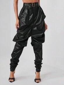 GAUTII PU Leather Drop Crotch Pants With Belt - Black - View 4