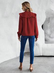 SHEIN LUNE 素色燈籠袖襯衫帶荷葉邊 - 酒紅色 - 查看 2
