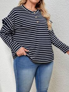 SHEIN LUNE Plus Striped Print Ruffle Trim Drop Shoulder Tee - Navy Blue - View 5