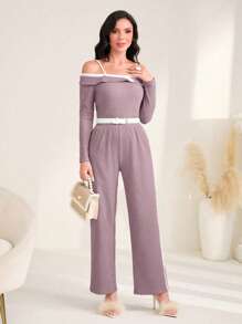 Seusyu Women Two-piece Outfits Rib-Knit Plain Casual - Dusty Pink - View 4