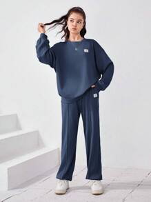 SHEIN 青少女字母拼接掉肩上衣和運動長褲 - 水鴨藍 - 查看 4