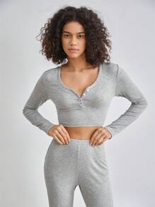Ocili Leisure Button Detail Short Home Clothes Top - Grey - View 4