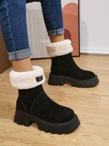 女新款黑色絨布防滑雪靴歐美韓時尚款冬季戶外防冷保暖靴子短靴機車靴毛皮靴 - 黑色 - 查看 3