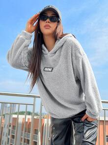 SHEIN Coolane 加大码字母拼接落肩泰迪卫衣 - 灰色 - 查看 5