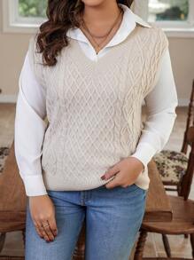 Calvaya Plus Cable Knit Sweater Vest Without Blouse - Apricot - View 5
