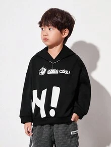 SHEIN 男童字母印花連帽衛衣 - 黑色 - 查看 5