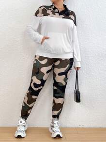 Flirla Plus Camo Print Colorblock Sweatshirt & Sweatpants Fall Cloth For Women - Army Green - View 5