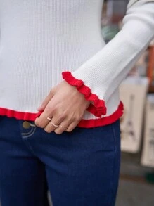 SHEIN Frenchy 撞色荷葉邊下擺插肩袖毛衣 - 白色 - 查看 8