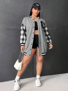 SHEIN EZwear 大码格子印花字母卫衣 - 灰色 - 查看 3