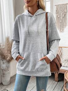 SHEIN LUNE Bọc Trở lại Thả vai Áo hoodie ấm áp - Xám - Xem 4
