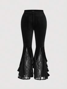 SHEIN MOD Plus Lace Panel Ruffle Trim Flare Leg Pants