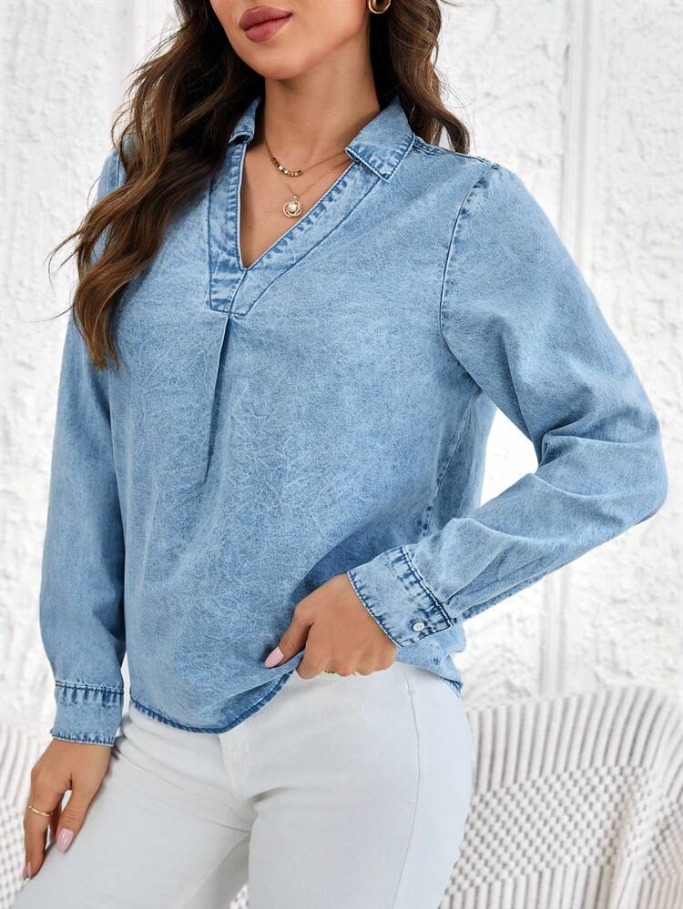 Solid Notched Neck Denim Top