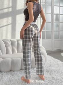 SHEIN Ladies' Pitted Stripe Design Sleepwear Set Pajama Set - Dark Grey - View 2