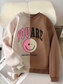 適合青少女的色塊卡通字母印花運動衫 - 米色 - 查看 1