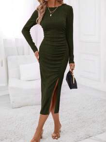 SHEIN Clasi Chất rắn Tách đùi Xù Đầm - xanh quân đội - Xem 4