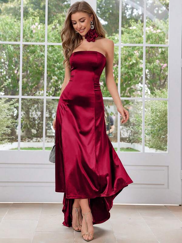 MUXXN Vintage 1950's Strapless Floral Decoration Satin Cocktail Party Dress