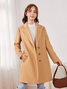 SHEIN Teen Girl Lapel Collar Slant Pocket Overcoat
