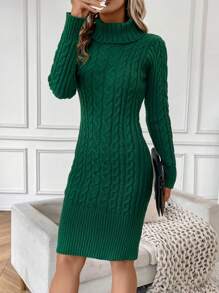 SHEIN Clasi 高領麻花編織毛衣洋裝不附腰帶 - 綠色 - 查看 7
