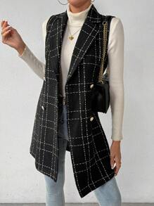 SHEIN Essnce Plaid Print Double Breasted Vest Overcoat - Black - View 1