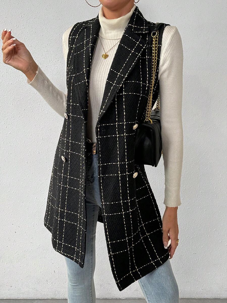 SHEIN Essnce Plaid Print Double Breasted Vest Overcoat - Black - View 1