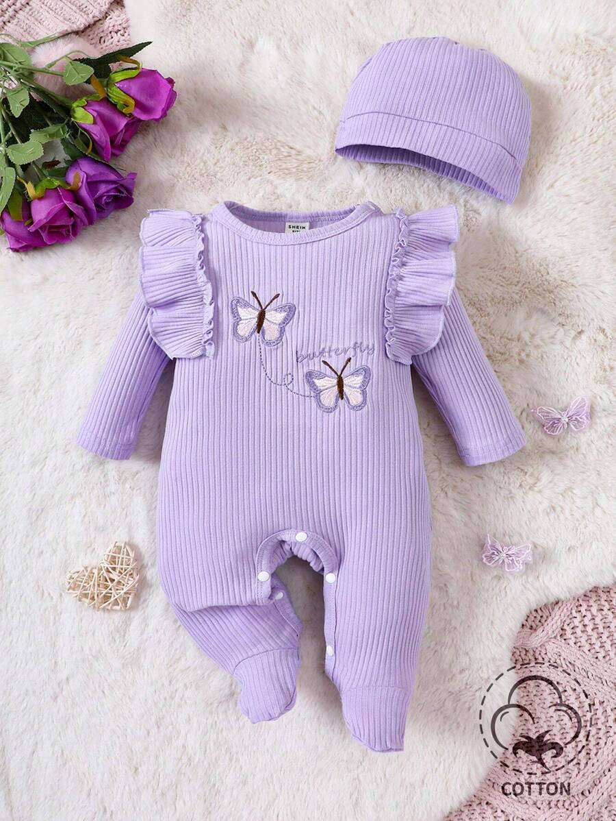 Baby Girl Butterfly Patched Ruffle Trim Footed PJ Set & Hat Holiday Travel Releax Summer Clothes Cotton - Purple - View 1