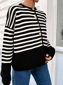 RueChic Của phụ nữ Sọc Áo len Mở Áo len - Đen và trắng - Xem 5