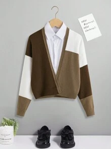 SHEIN Tween Girls Color Block Short Cardigan - Coffee Brown - View 4