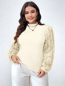 Celure Plus Size Fur Sleeve Top - Beige - View 6