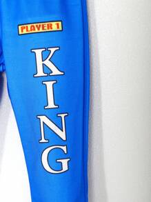 流行的嬰兒男孩連帽拉鍊上衣和彈性腰長褲套裝,印有字母和蘑菇圖案,街頭風格 - 藍色 - 查看 6