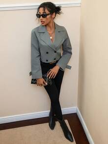 SHEIN Essnce Của phụ nữ Đôi ngực Áo khoác Trench - Xám - Xem 4