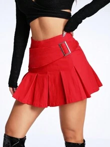 SHEIN ICON Buckle Strap Detail Pleated Denim Skirt - Red - View 1