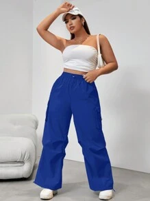 SHEIN EZwear 女裝大碼純色束腰寬腿褲 - 寶藍色 - 查看 5