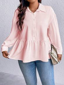 SHEIN LUNE Plus Size Women'S Drop Shoulder Ruffle Hem Blouse - Pink - View 1