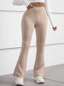 SHEIN PETITE Thắt lưng rộng Quần ống loe - Màu Khaki - Xem 5