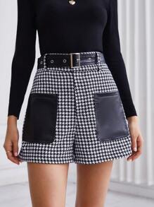 SHEIN Privé 女性千鳥格印花接片PU皮革口袋附腰帶短褲 - 黑與白 - 查看 4