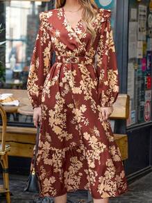 SHEIN Frenchy 女士花卉印花燈籠袖腰帶連衣裙 - 彩色 - 查看 8