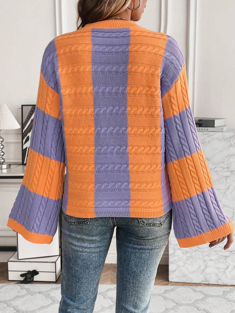 Two Tone Cable Knit Drop Shoulder Knit Pullover Fall Winter Sweater