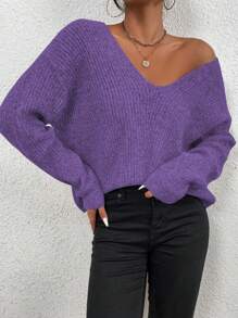 SHEIN Frenchy Solid V-Neck Drop Shoulder Sweater - Purple - View 1