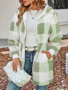 SHEIN Essnce Của phụ nữ Kiểm tra Dây kéo áo có mũ Thường xuyên Áo khoác - Màu xanh Bạc hà - Xem 5