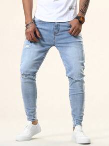 Manfinity Homme Nam Đau khổ Denim mùa giặt Quần jean ôm - Rửa nhẹ - Xem 6
