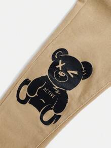 SHEIN Young Boy Cartoon Bear And Text Print Jeans - Khaki - View 4