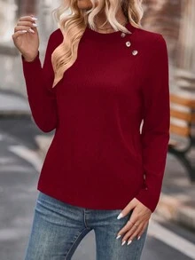 SHEIN LUNE Nút Trang trí Tay áo dài Áo sơ mi - Đỏ - Xem 6