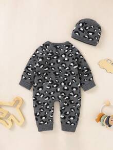 Baby Boys' Leopard Print Jumpsuit With Button Placket, Raglan Sleeve, Jumpsuit, Hat Included - Grey - View 2