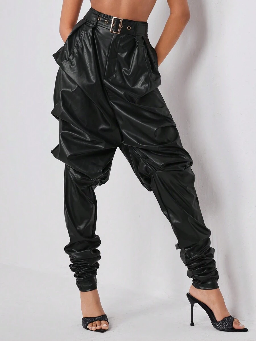 GAUTII PU Leather Drop Crotch Pants With Belt - Black - View 1